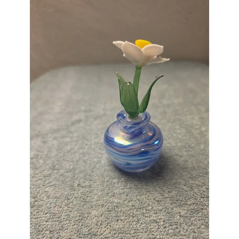 Hand Blown Art Glass Miniature Daffodil Flower Swirl Vase Lampwork Sculpture 4